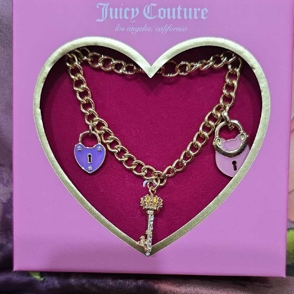 💗Juicy Couture Gold Chain Bracelet with Heart and Lock Charms